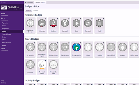 A screen shot of OSM showing a child's badge progress