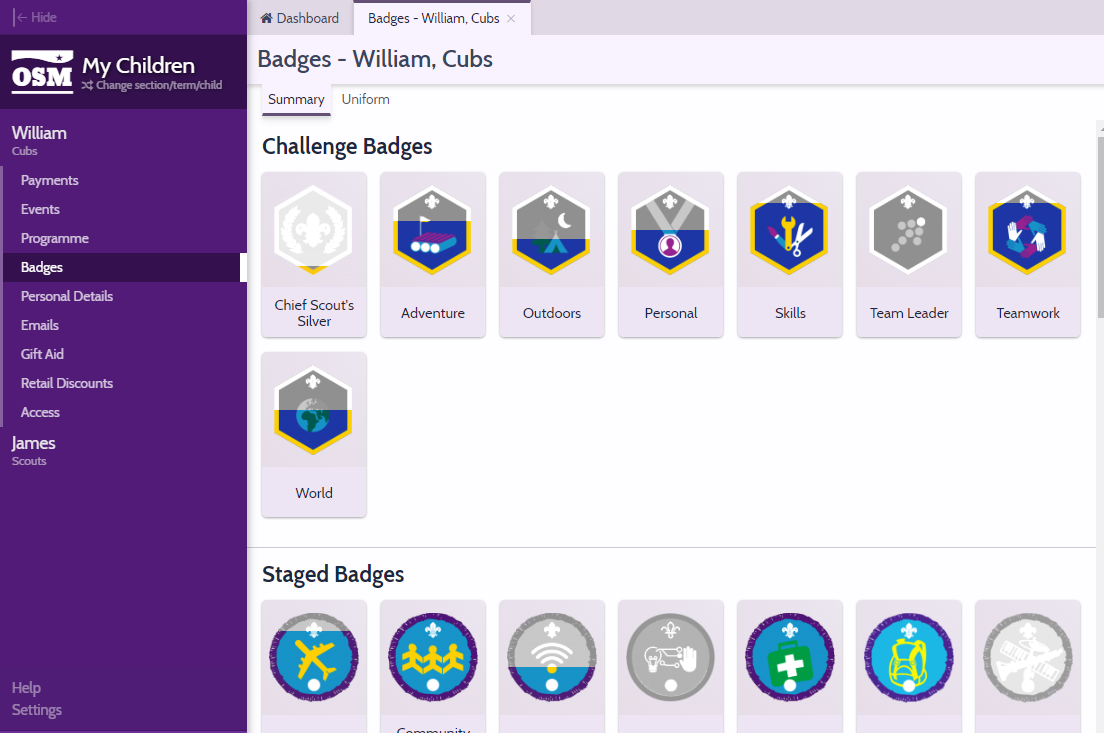 A screen shot of OSM showing a child's badge progress